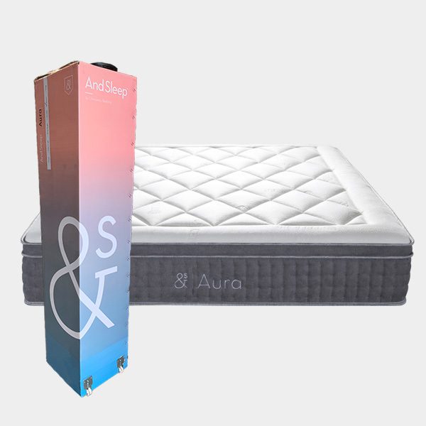 Hlpmedical And Sleep Aura Queen Mattress shown on a bed with plush bedding and pillows in a cozy bedroom setting.