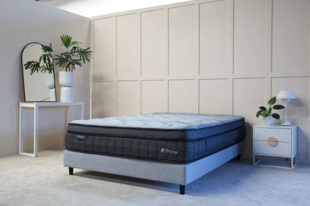 Hlpmedical And Sleep Prime Queen Mattress shown on bed frame, plush surface with supportive design for comfortable sleep.