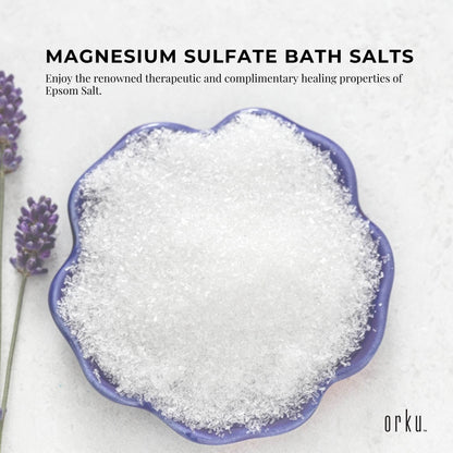 12x 1kg Orku Epsom Salt magnesium sulfate bath salts for skin and body from Hlpmedical, shown in a clear container.