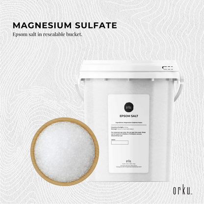 Hlpmedical Orku 1.3kg Epsom salt tub with magnesium sulfate for relaxing bath and skin care, shown in a clear container.