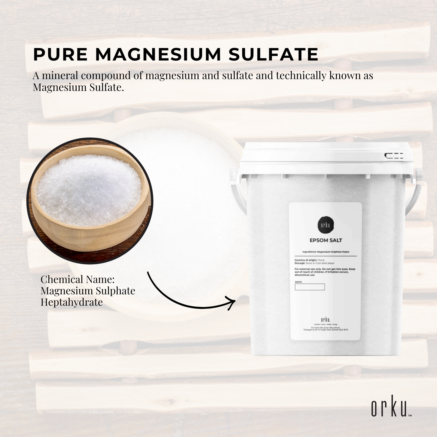 Hlpmedical Orku 1.3kg Epsom salt tub with magnesium sulfate for bath and skin care, shown in a white container.