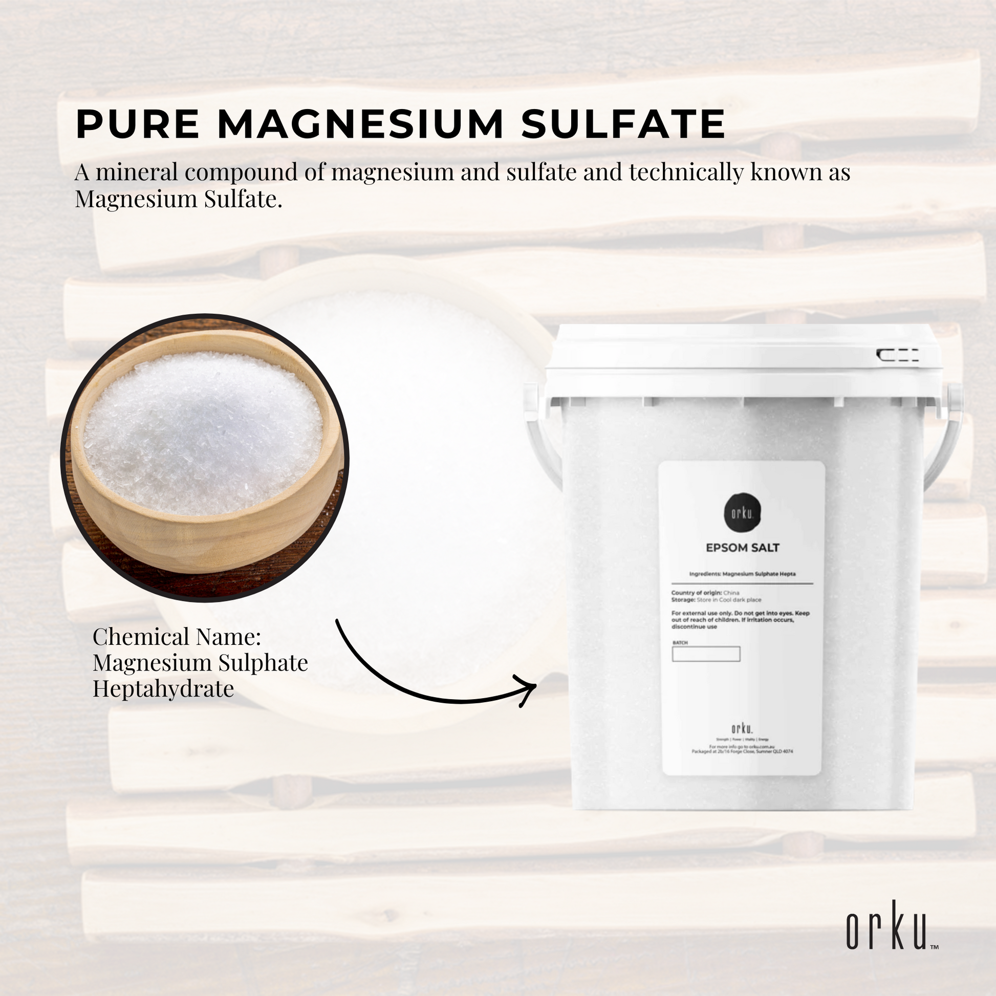 Hlpmedical Orku 1.3kg Epsom salt tub with magnesium sulfate for bath and skin care, shown in a white container.