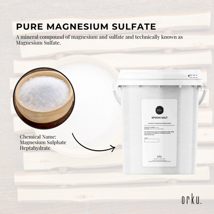 Hlpmedical Orku 1.3kg Epsom salt tub with magnesium sulfate for bath and skin care, shown in a white container.