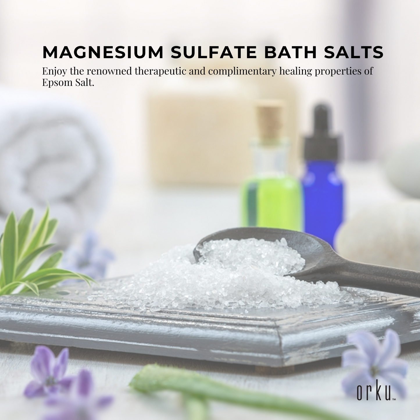 Hlpmedical Orku 1.3kg Epsom salt tub with magnesium sulphate for bath and skin care, shown in a clear container with bath salts.