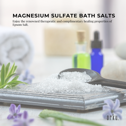 Hlpmedical Orku 1.3kg Epsom salt tub with magnesium sulphate for bath and skin care, shown in a clear container with bath salts.