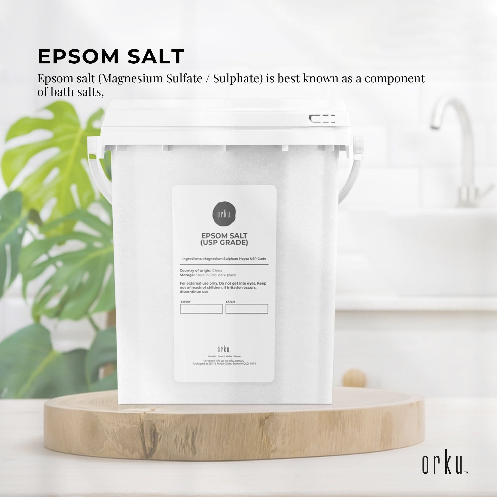 Orku 1.3kg Epsom Salt tub by Hlpmedical, USP grade magnesium sulfate bath salts for relaxing body soak.