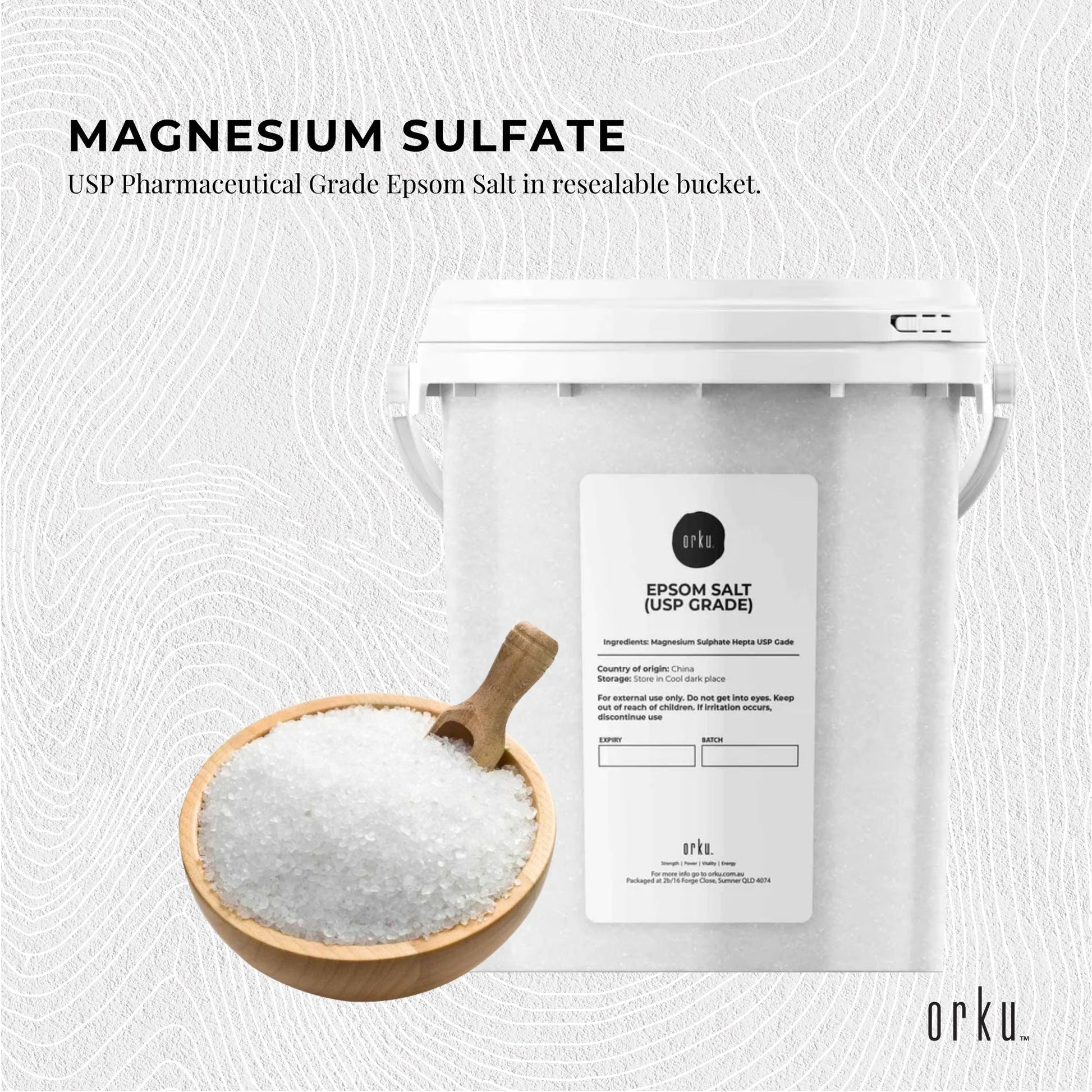 Orku 1.3kg USP Grade Epsom Salt tub by Hlpmedical, magnesium sulfate bath salts for relaxing body soak, health and beauty product.