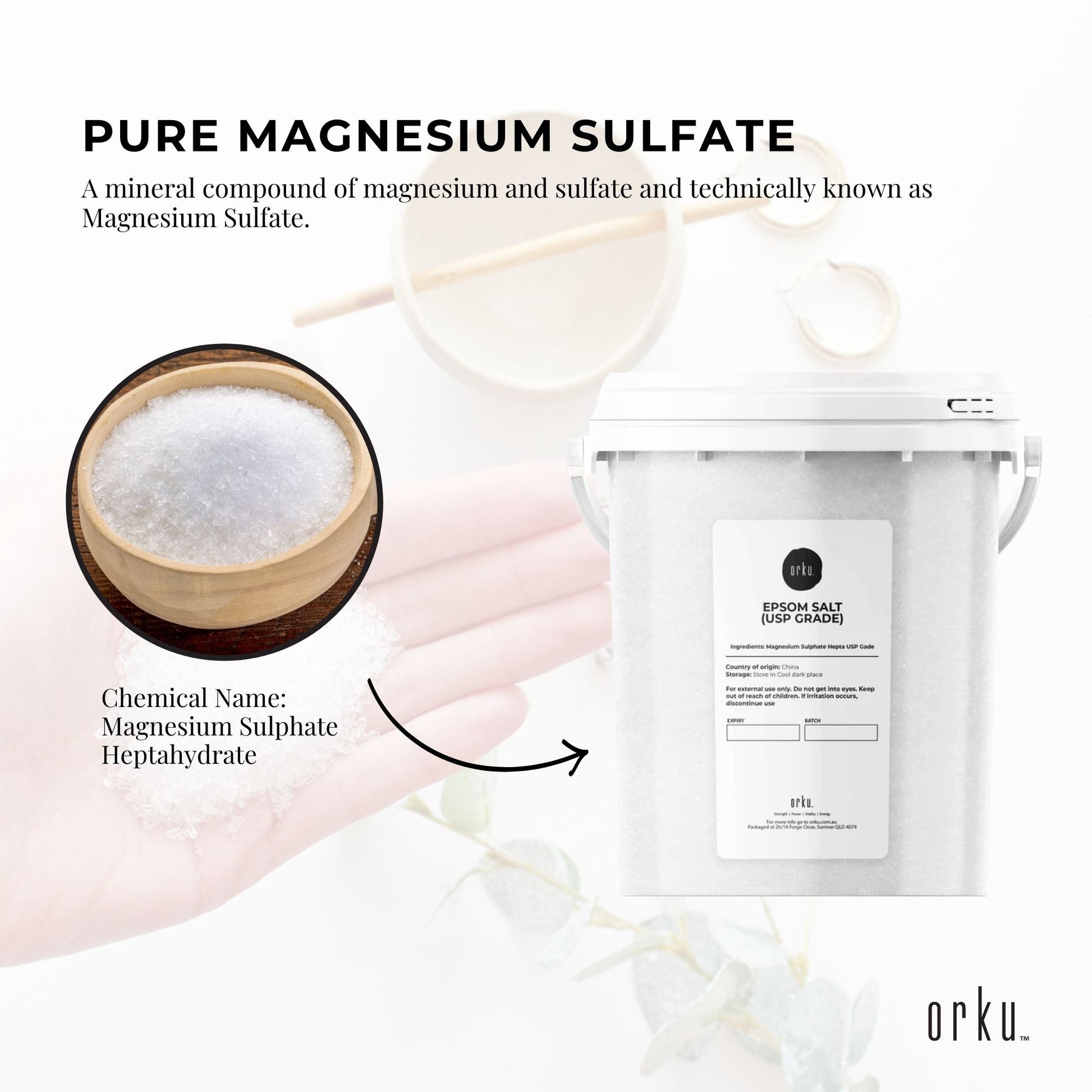 Hlpmedical Orku 1.3kg Epsom salt tub with USP grade magnesium sulfate for soothing bath and body relaxation.