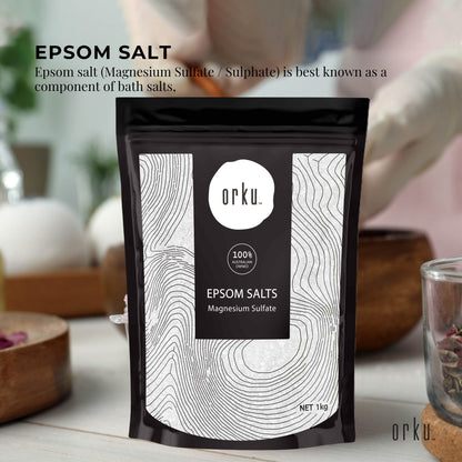 Hlpmedical Orku 1kg Epsom Salt magnesium sulphate bath salts for skin and body relaxation in a clear container.