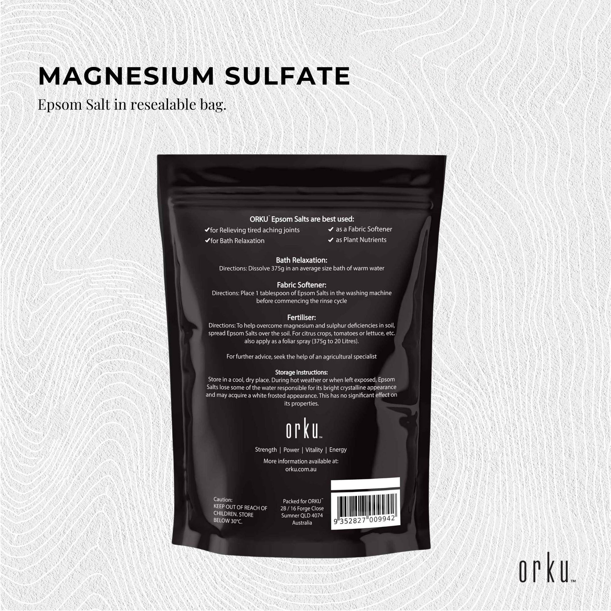 Hlpmedical Orku 1kg Epsom Salt magnesium sulphate bath salts for skin and body in a clear container, ideal for relaxing baths.