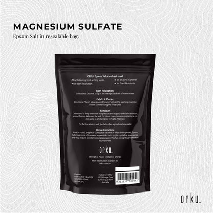 Hlpmedical Orku 1kg Epsom Salt magnesium sulphate bath salts for skin and body in a clear container, ideal for relaxing baths.