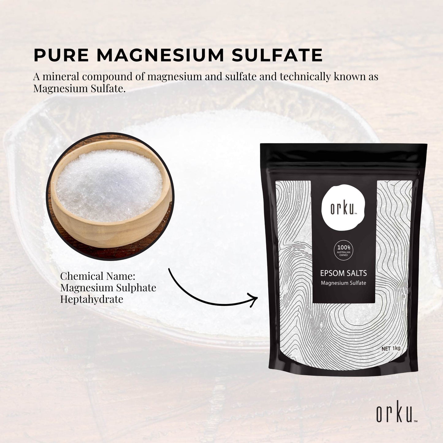 Orku 1kg Epsom Salt by Hlpmedical, magnesium sulfate bath salts for soothing skin and relaxing body bath additive.