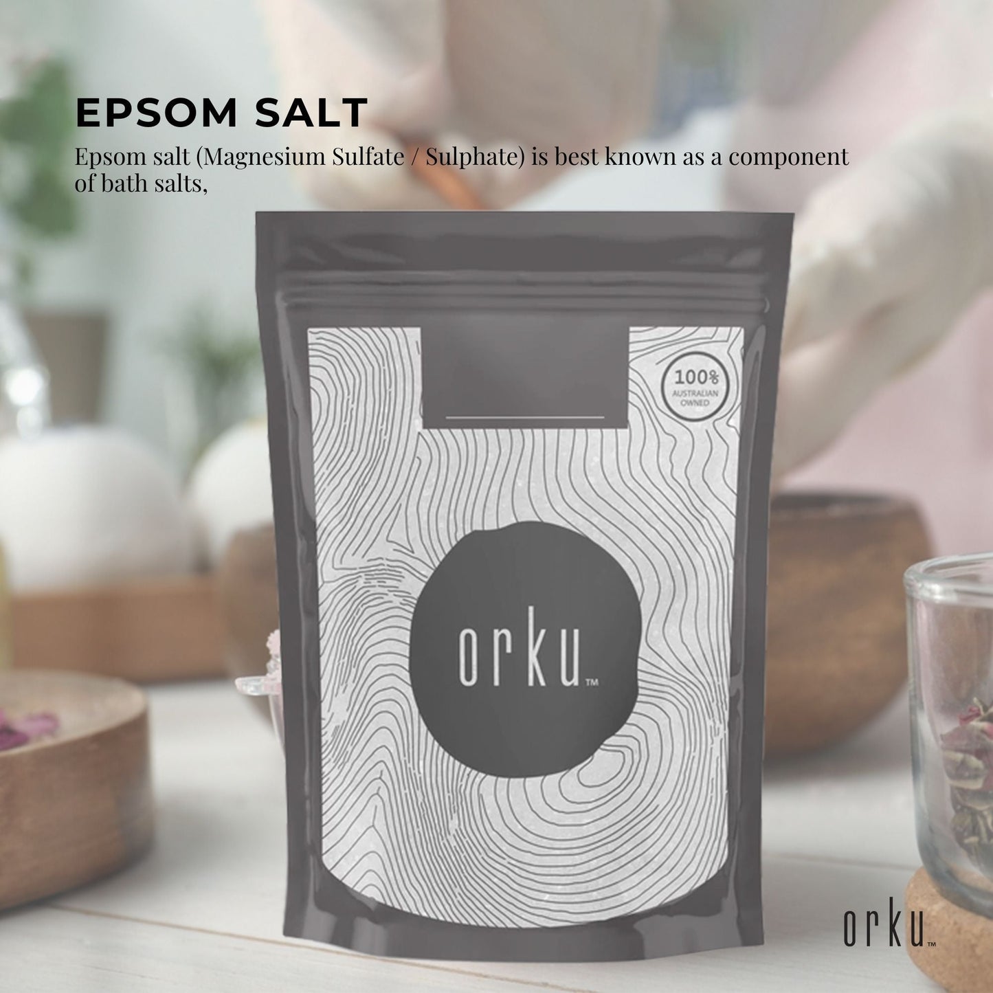 Orku 2kg Epsom salt magnesium sulfate bath salts for skin and body, Hlpmedical health and beauty bath additive with soothing properties.