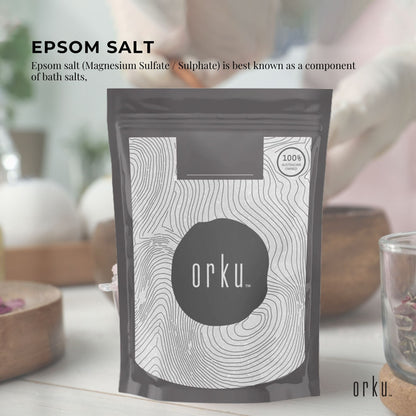Orku 2kg Epsom salt magnesium sulfate bath salts for skin and body, Hlpmedical health and beauty bath additive with soothing properties.