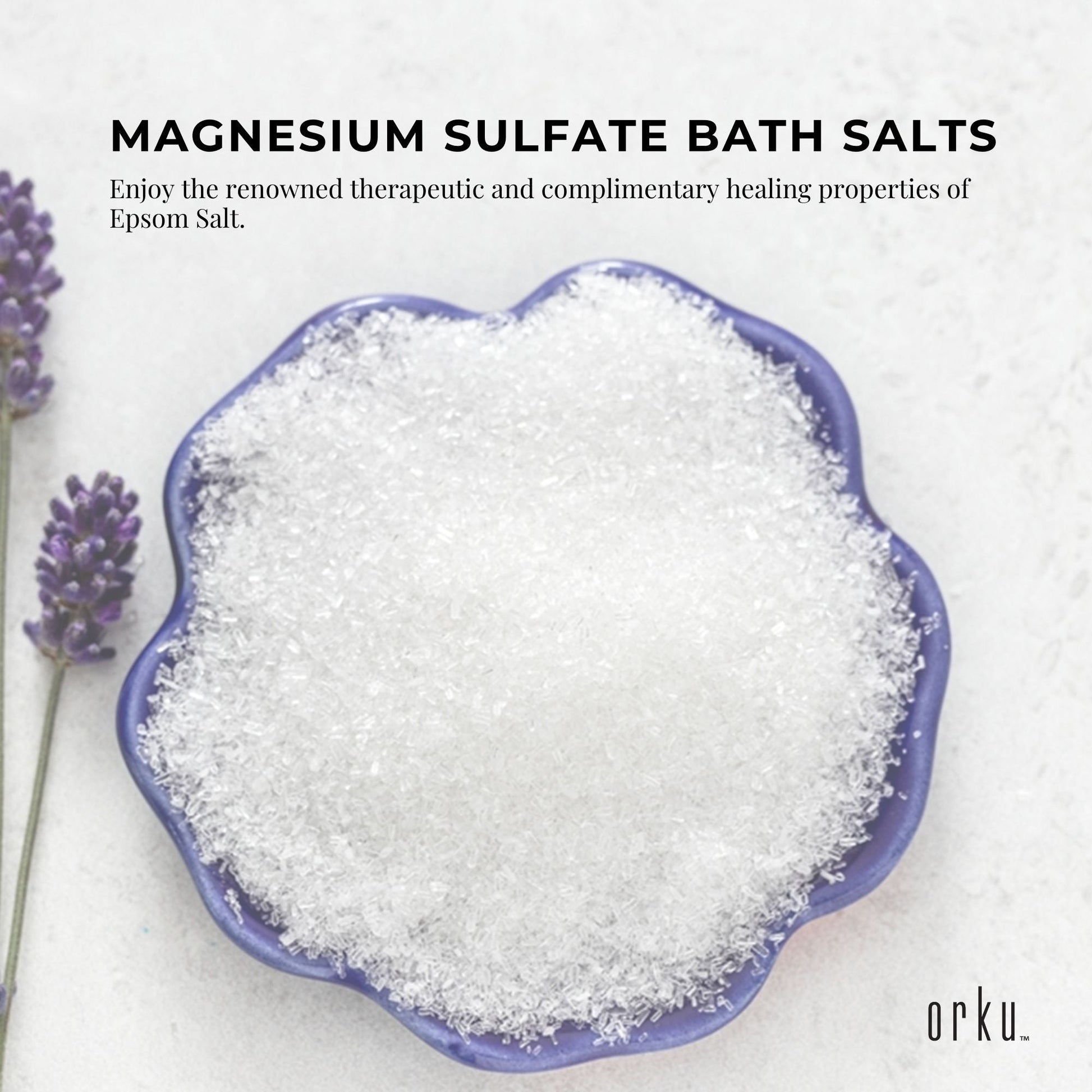 Orku 2kg Epsom salt magnesium sulfate bath salts for skin and body, by Hlpmedical, in a clear container with bath salts.