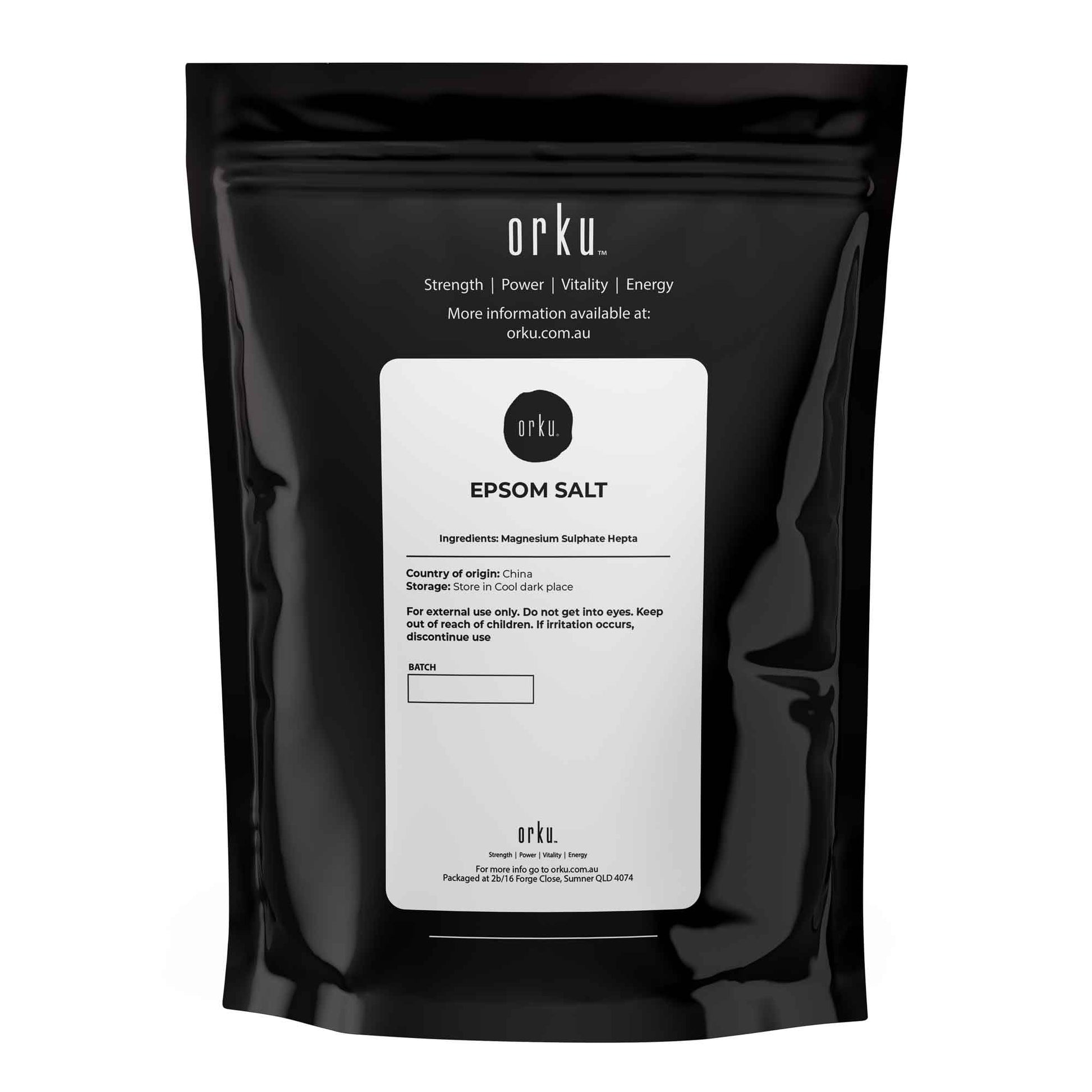 Orku 2kg Epsom Salt magnesium sulfate bath salts for skin and body, Hlpmedical brand, in a clear container for soothing baths.