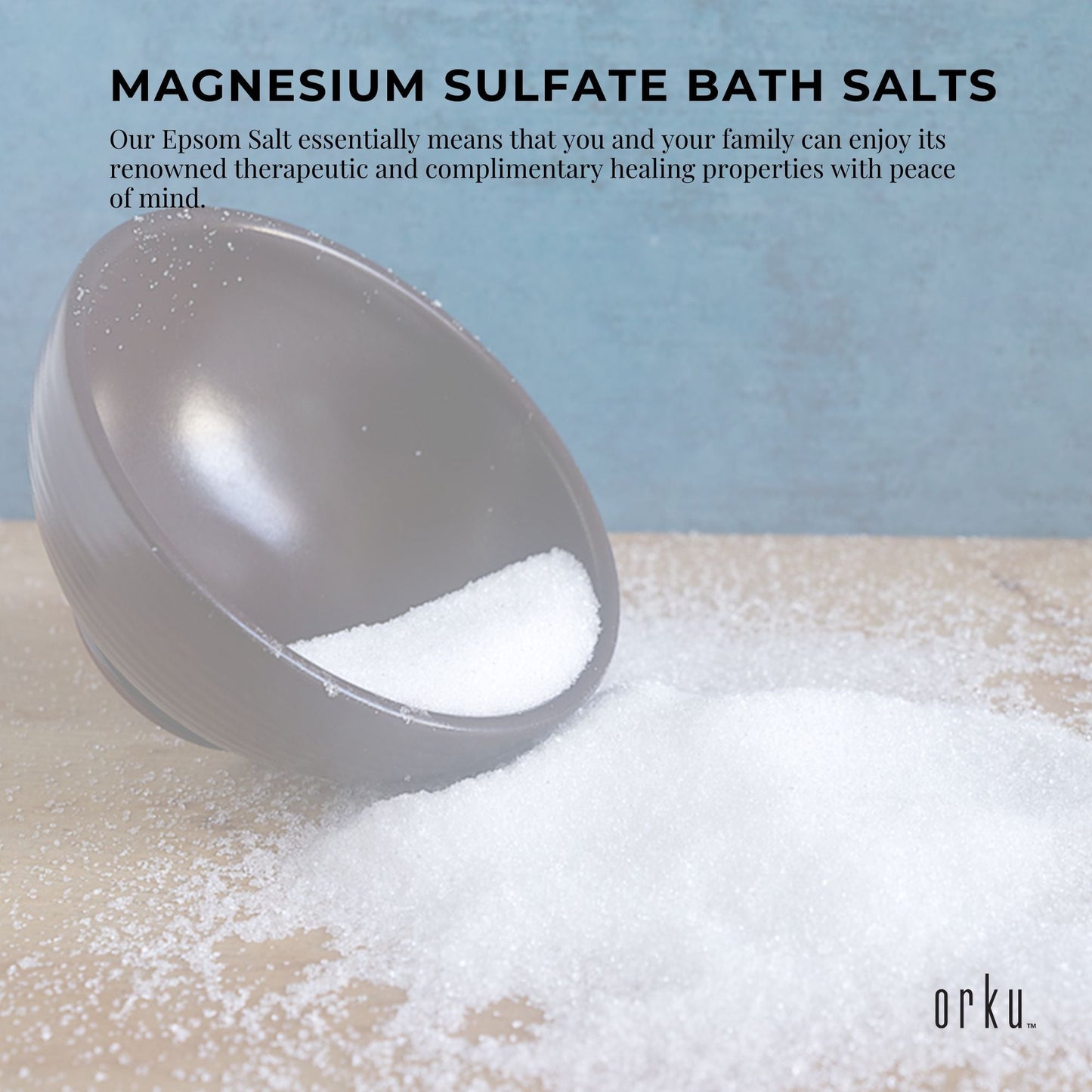 Orku 2kg Epsom Salt by Hlpmedical, USP grade magnesium sulfate bath salts in a clear container, ideal for relaxing body baths.