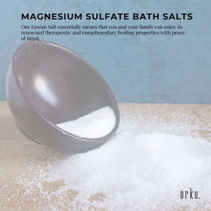 Orku 2kg Epsom Salt by Hlpmedical, USP grade magnesium sulfate bath salts in a clear container, ideal for relaxing body baths.