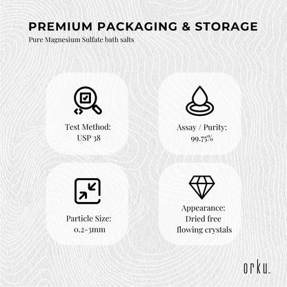 Orku 400g USP Grade Epsom Salt magnesium sulfate bath salts in a clear container, used for relaxing body baths.