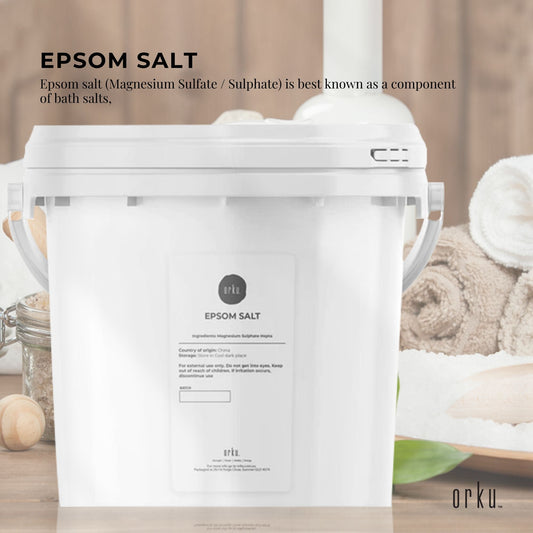 Orku 5kg Epsom Salt tub by Hlpmedical showing magnesium sulfate bath salts for skin and body care in a white container