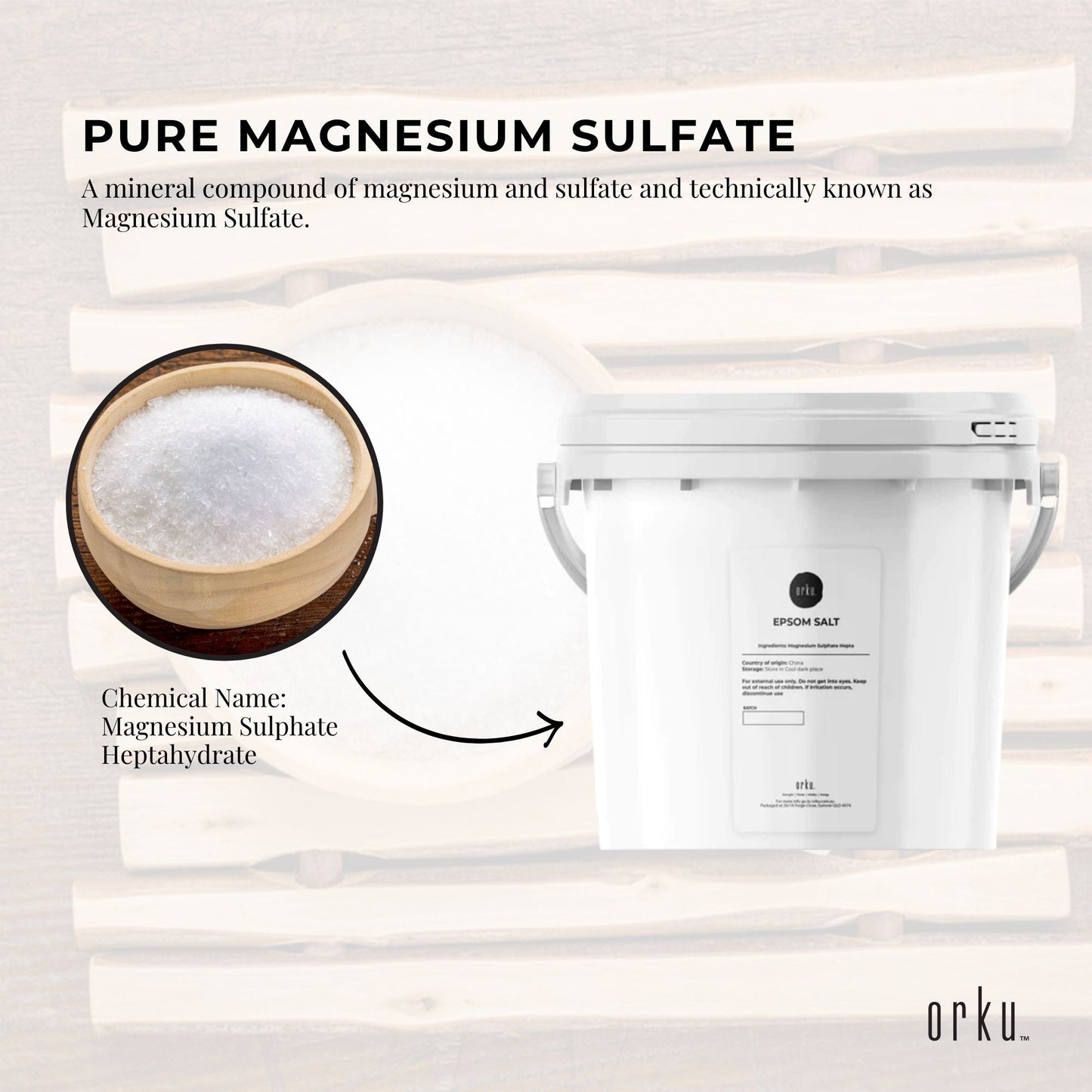 Hlpmedical Orku 5kg Epsom Salt tub for bath and skin care, magnesium sulphate for relaxing bath and body skin health.