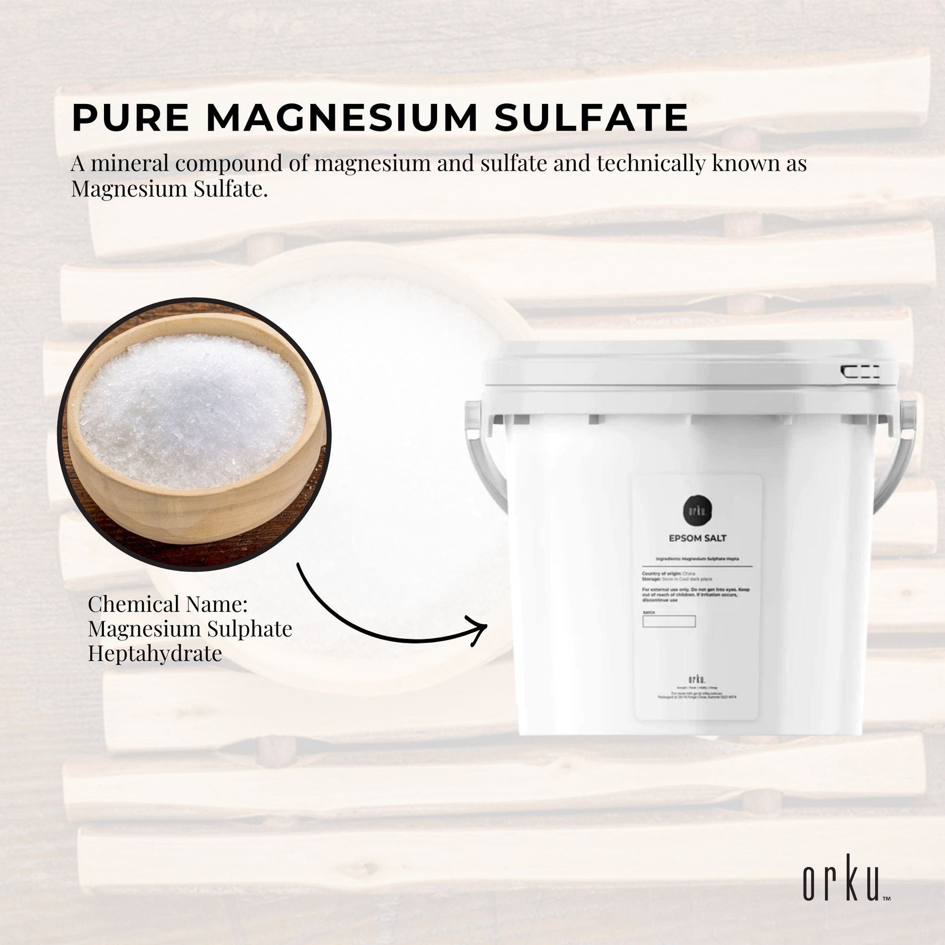 Hlpmedical Orku 5kg Epsom Salt tub for bath and skin care, magnesium sulphate for relaxing bath and body skin health.