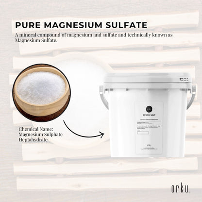 Hlpmedical Orku 5kg Epsom Salt tub for bath and skin care, magnesium sulphate for relaxing bath and body skin health.