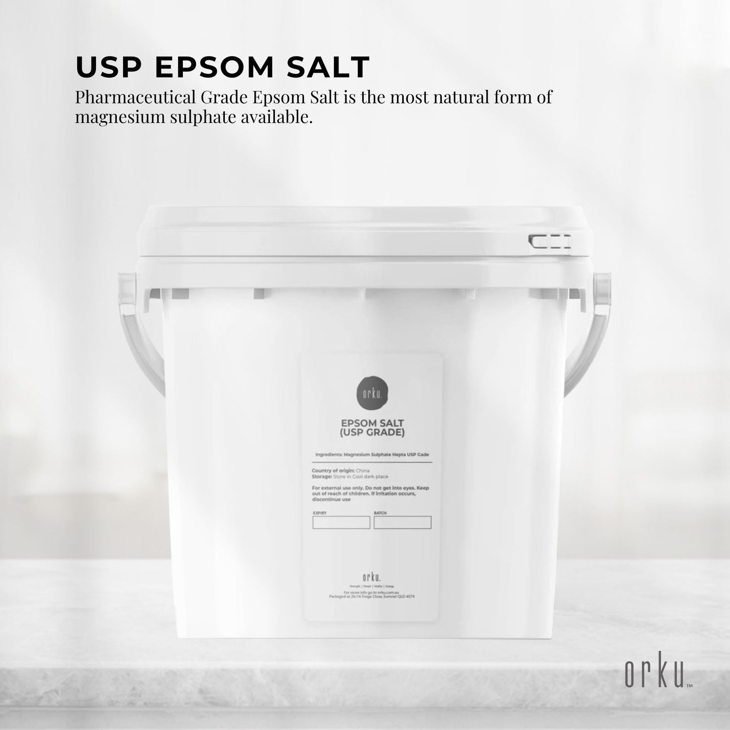 Hlpmedical Orku 5kg Epsom Salt tub with USP grade magnesium sulfate for soothing bath and body relaxation.