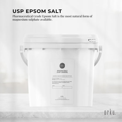 Hlpmedical Orku 5kg Epsom Salt tub with USP grade magnesium sulfate for soothing bath and body relaxation.