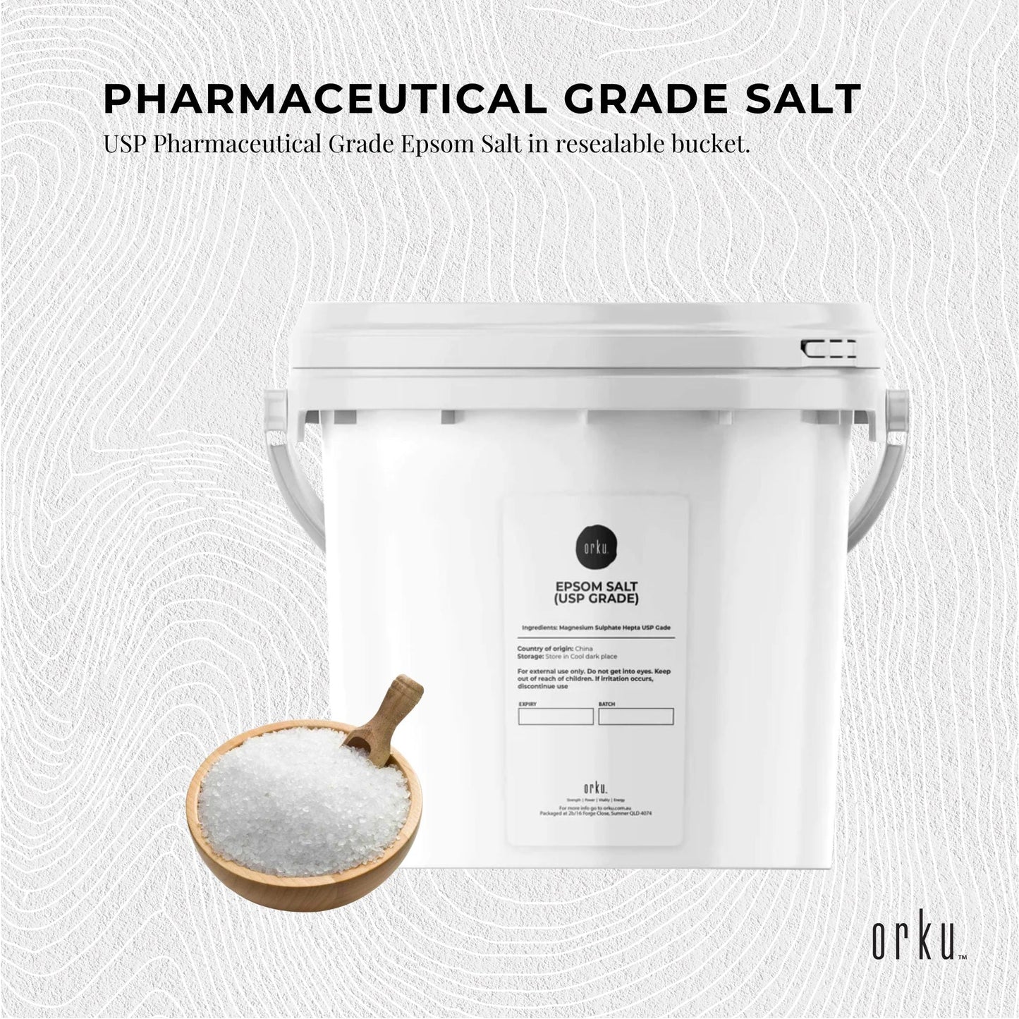 Orku 5kg Epsom Salt tub by Hlpmedical, USP grade magnesium sulfate bath salts for relaxing body baths and muscle relief.