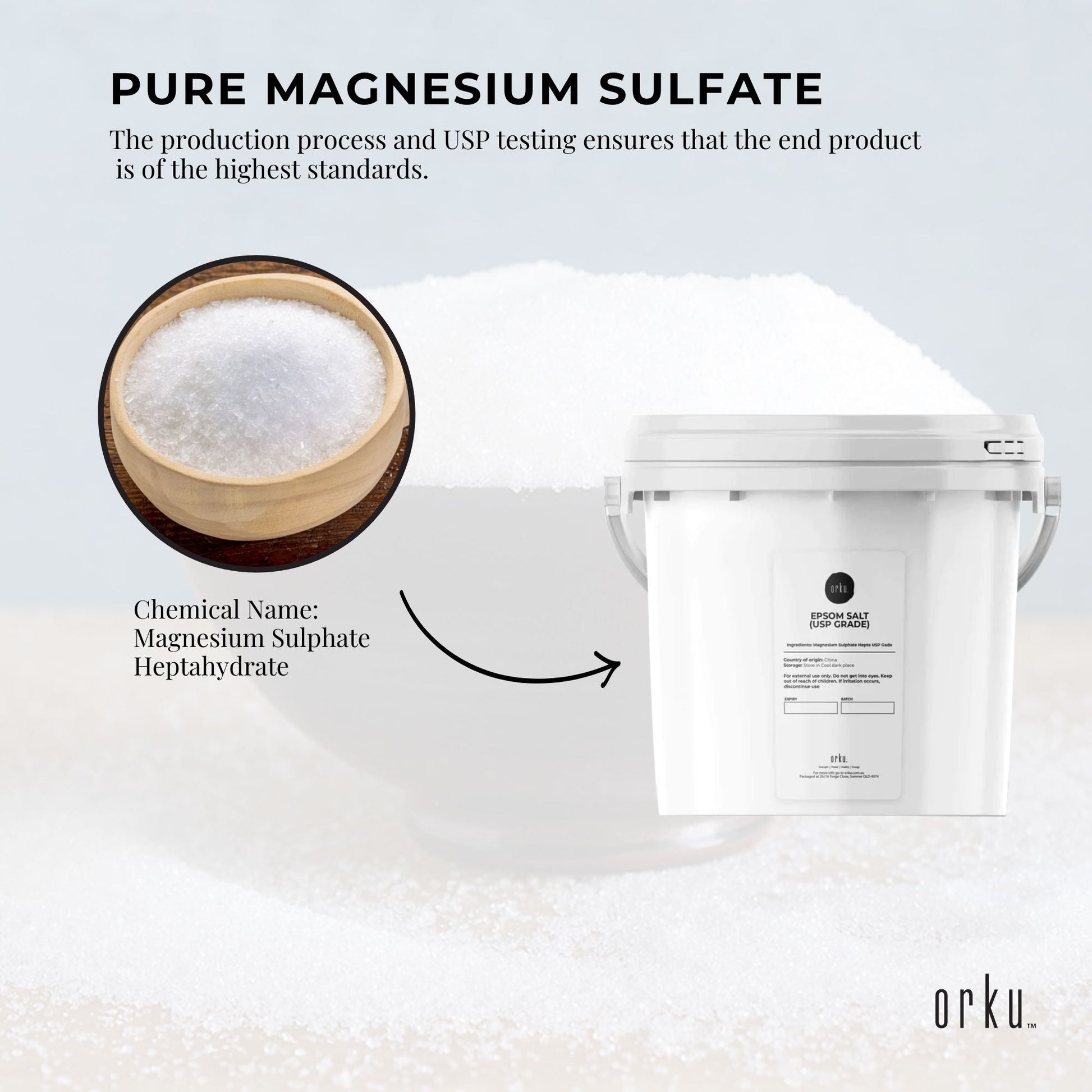 Hlpmedical Orku 5kg Epsom Salt tub with USP grade magnesium sulfate for relaxing body bath and muscle soothing.