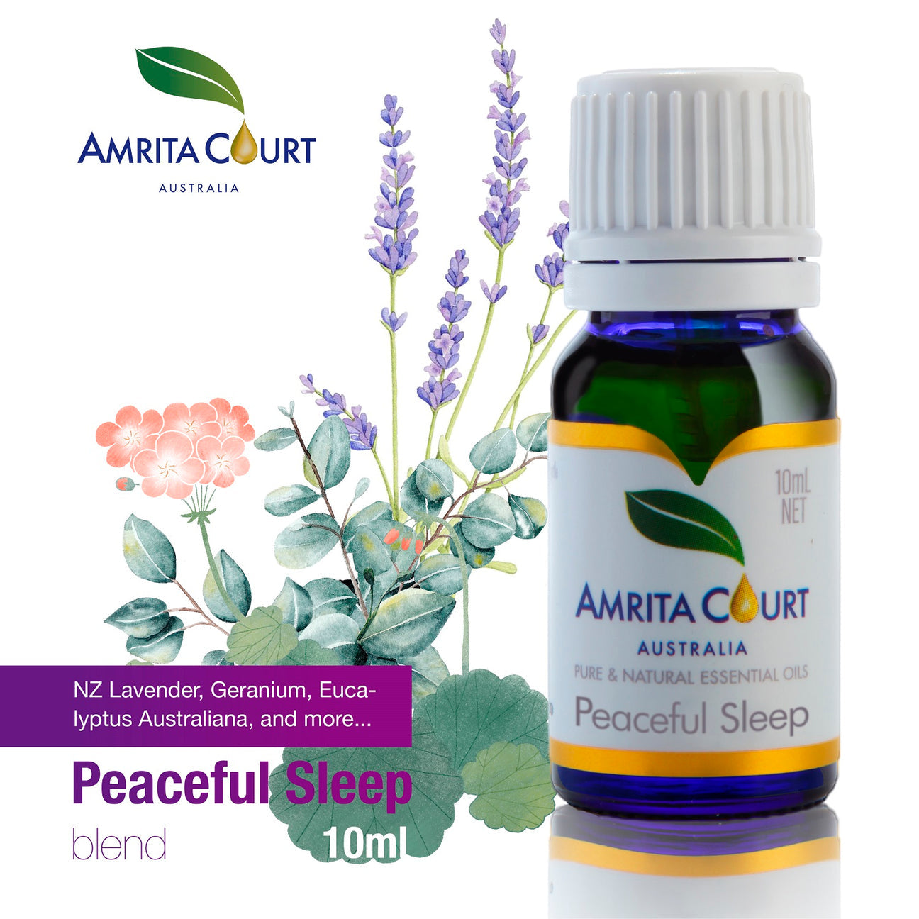 Amrita Court Pure and Essential Oils Peaceful Sleep 10ml from Hlpmedical, showcasing a small amber glass bottle of essential oil.
