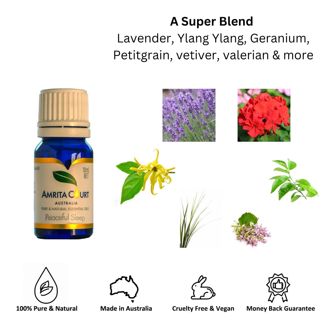 Amrita Court Pure and Essential Oils Peaceful Sleep 10ml bottle from Hlpmedical, designed to promote restful sleep with natural fragrance.