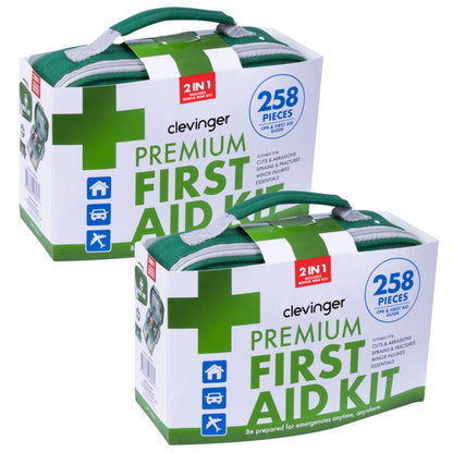 Hlpmedical 2-pack of 258-piece premium first aid kits for travel and family safety, including bandages, antiseptics, and medical supplies.