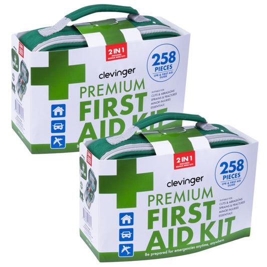 Hlpmedical 2-pack of 258-piece premium first aid kits for travel and family safety, including bandages, antiseptics, and medical supplies.