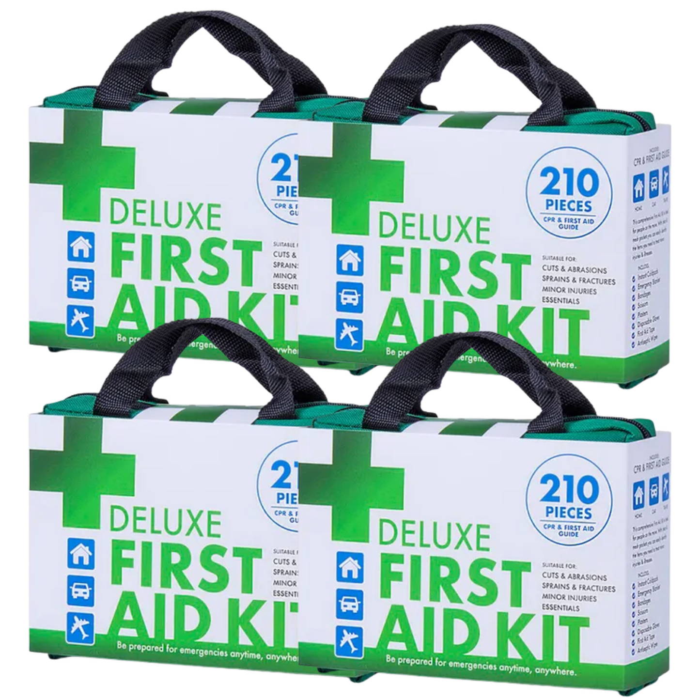 Hlpmedical 4-pack of 210-piece emergency first aid kits with medical supplies for travel, workplace, and office use.