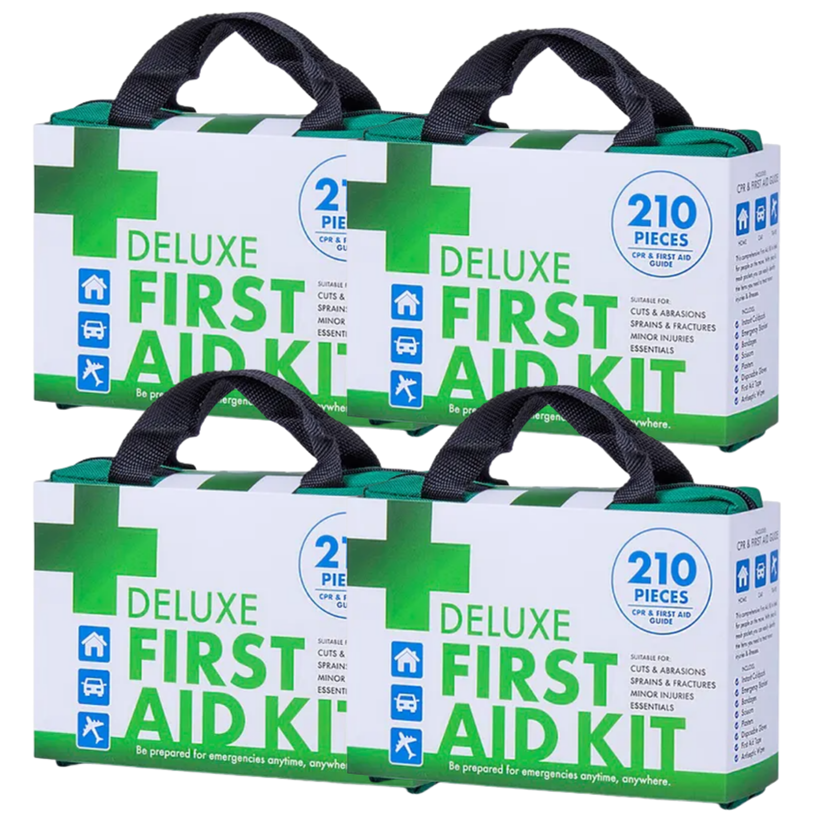Hlpmedical 4-pack of 210-piece emergency first aid kits with medical supplies for travel, workplace, and office use.