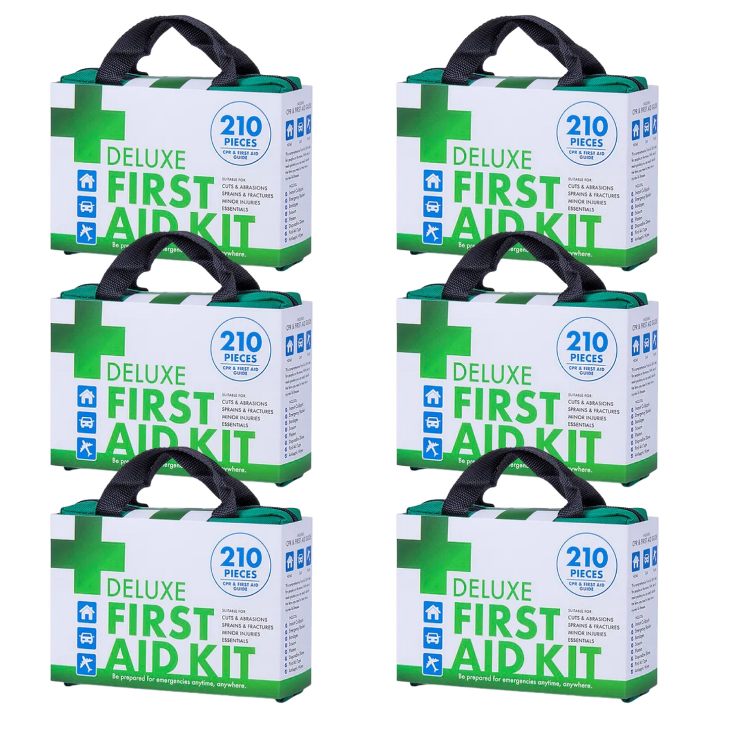 Hlpmedical 6-pack emergency first aid kits with 210 pieces each, suitable for travel, workplace, and office safety.