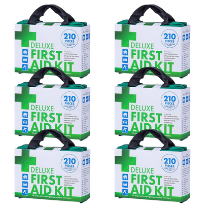 Hlpmedical 6-pack emergency first aid kits with 210 pieces each, suitable for travel, workplace, and office safety.