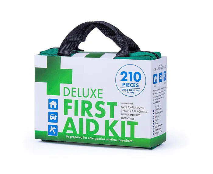 Hlpmedical emergency first aid kit with 210 pieces for travel, workplace, or office use, including medical supplies and bandages.