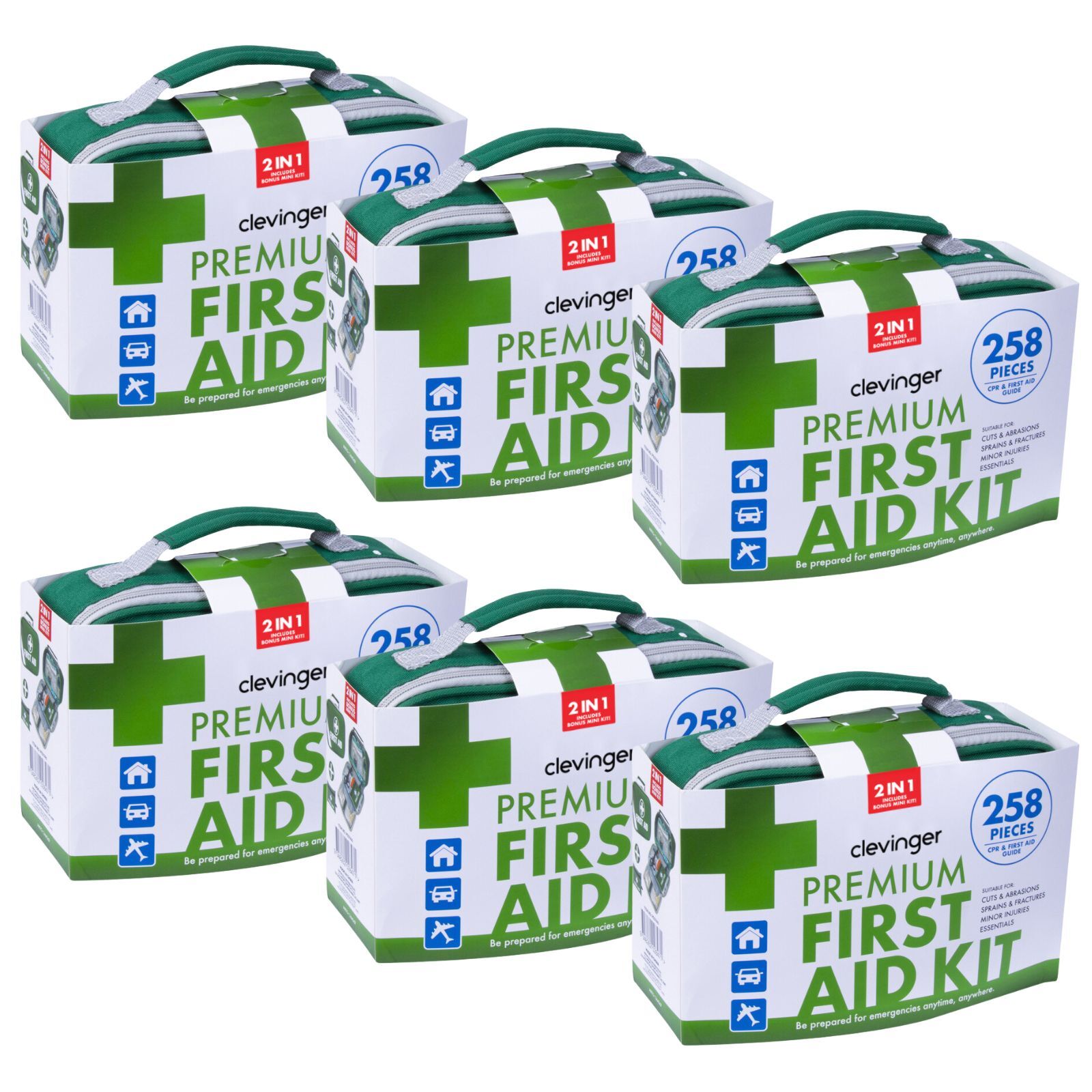 Hlpmedical 6-pack of premium first aid kits with 258 pieces for medical emergencies, travel, and family safety.