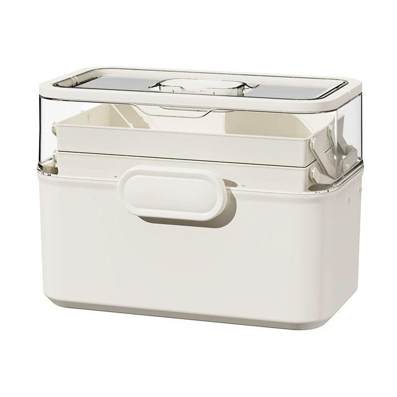 Large capacity 3-layer Hlpmedical medicine box for family first aid storage, made of sturdy plastic with multiple compartments.
