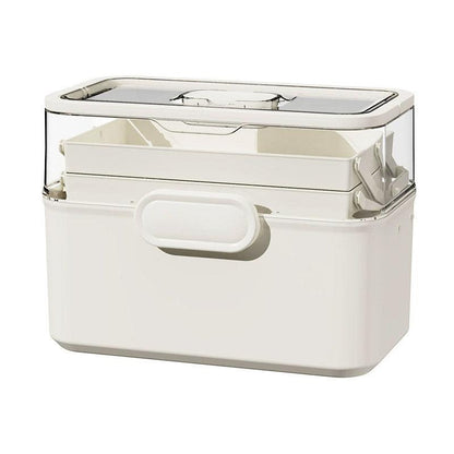 Large capacity 3-layer Hlpmedical medicine box for family first aid storage, made of sturdy plastic with multiple compartments.