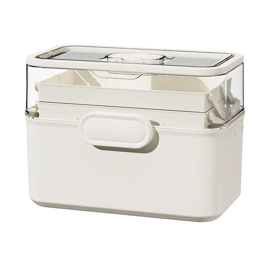 Large capacity 3-layer Hlpmedical medicine box for family first aid storage, made of sturdy plastic with multiple compartments.