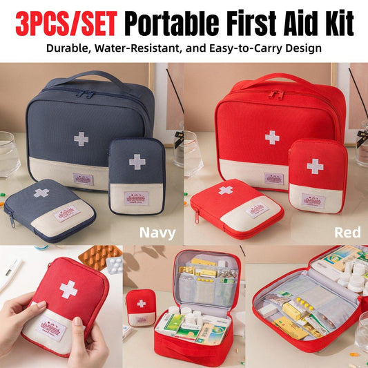 Set of 3 red Hlpmedical portable travel medical bags for home emergency storage, compact first aid kit organizers for health and wellbeing.
