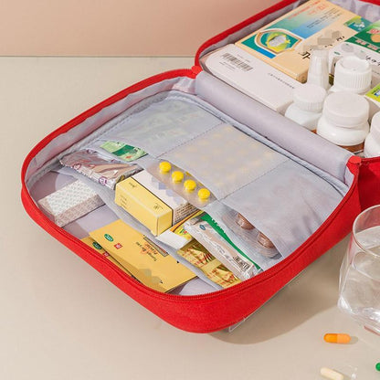 Set of 3 red portable travel medical bags by Hlpmedical, compact first aid organizers for home emergency and travel safety.