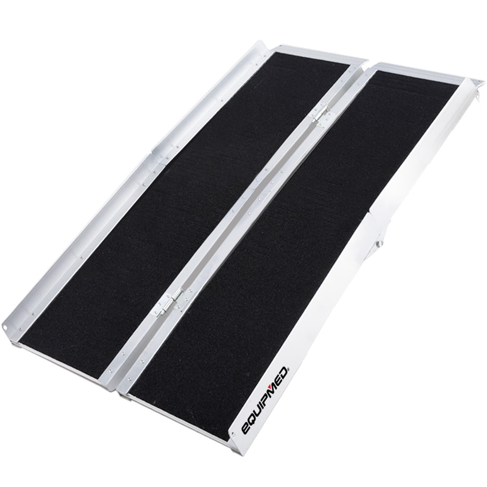 Equipmed 123cm portable folding aluminium access ramp with black ultra-grip surface, rated for 272kg, for wheelchair and mobility scooter access.
