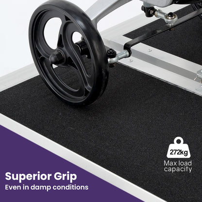 Equipmed 123cm black portable folding aluminum access ramp with ultra-grip surface for wheelchair and mobility scooter use.