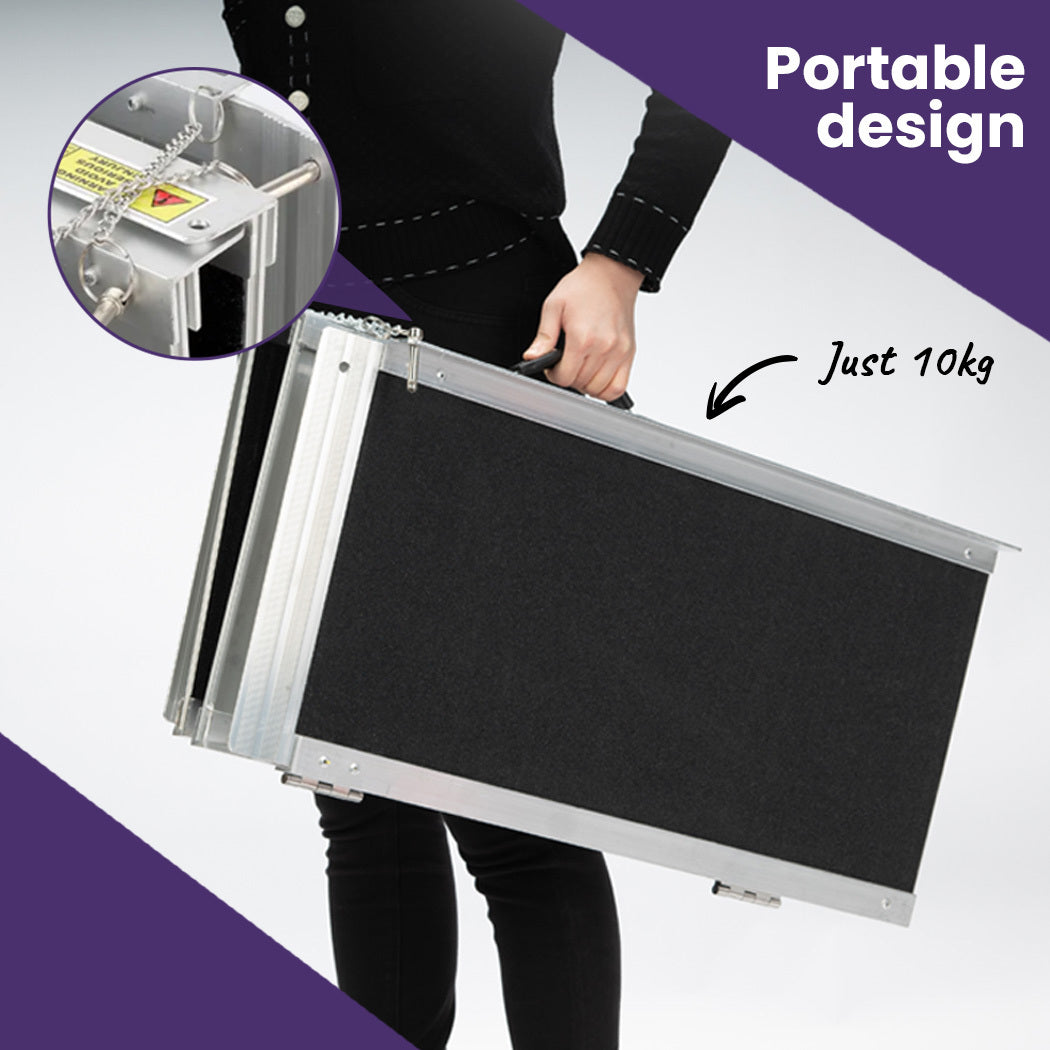 Equipmed 123cm portable folding aluminium wheelchair ramp with black ultra-grip surface, rated for 272kg, ideal for mobility scooters.