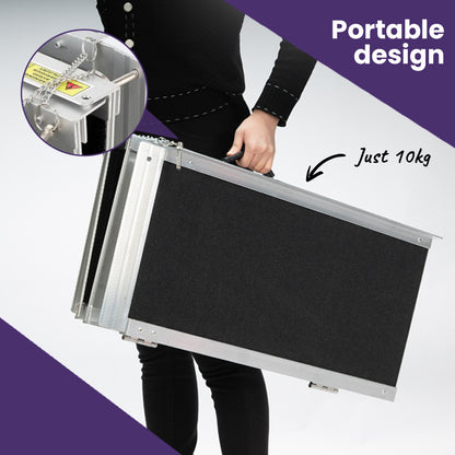Equipmed 123cm portable folding aluminium wheelchair ramp with black ultra-grip surface, rated for 272kg, ideal for mobility scooters.